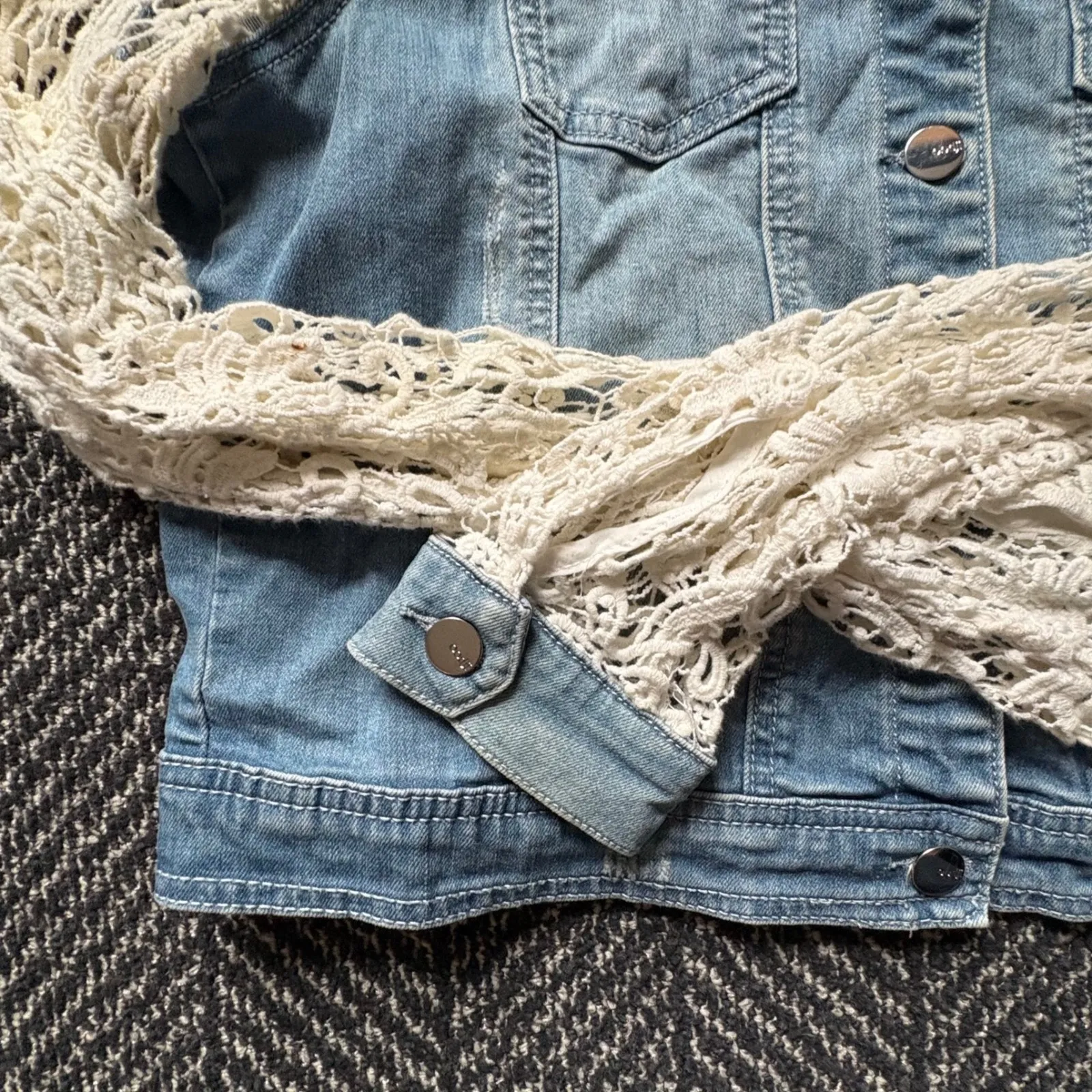 Oodji Denim Jacket White Crochet Lace Long Sleeves Distressed Women Size 42‎ Blue - Image 3