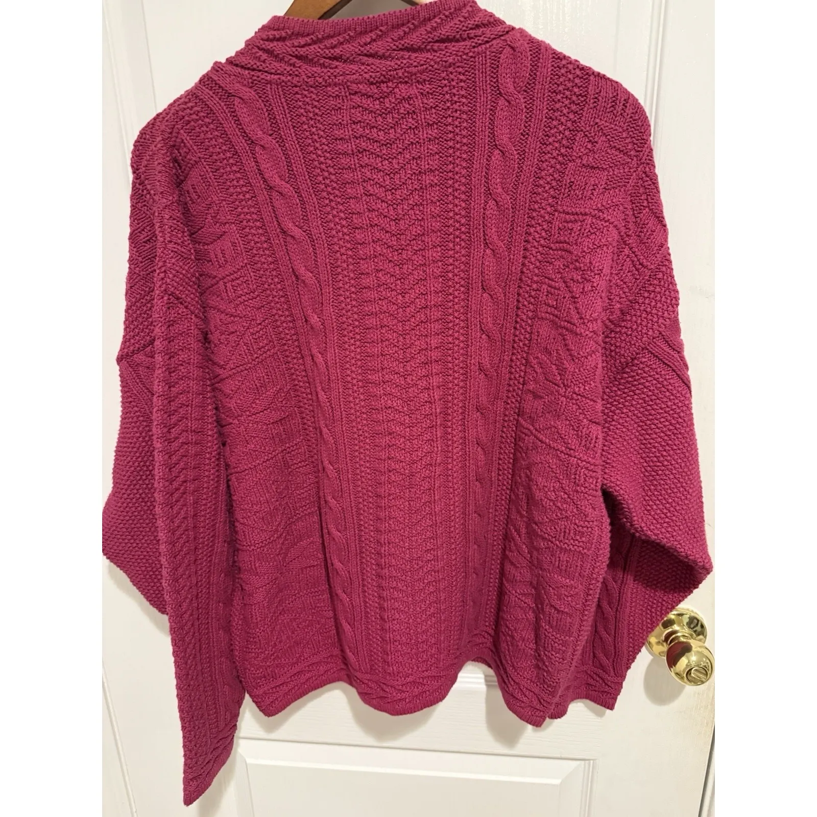 LL Bean Women Sweater Cardigan Vtg Fisherman Cable Knit Pink Magenta Wood Button Size L - Image 2