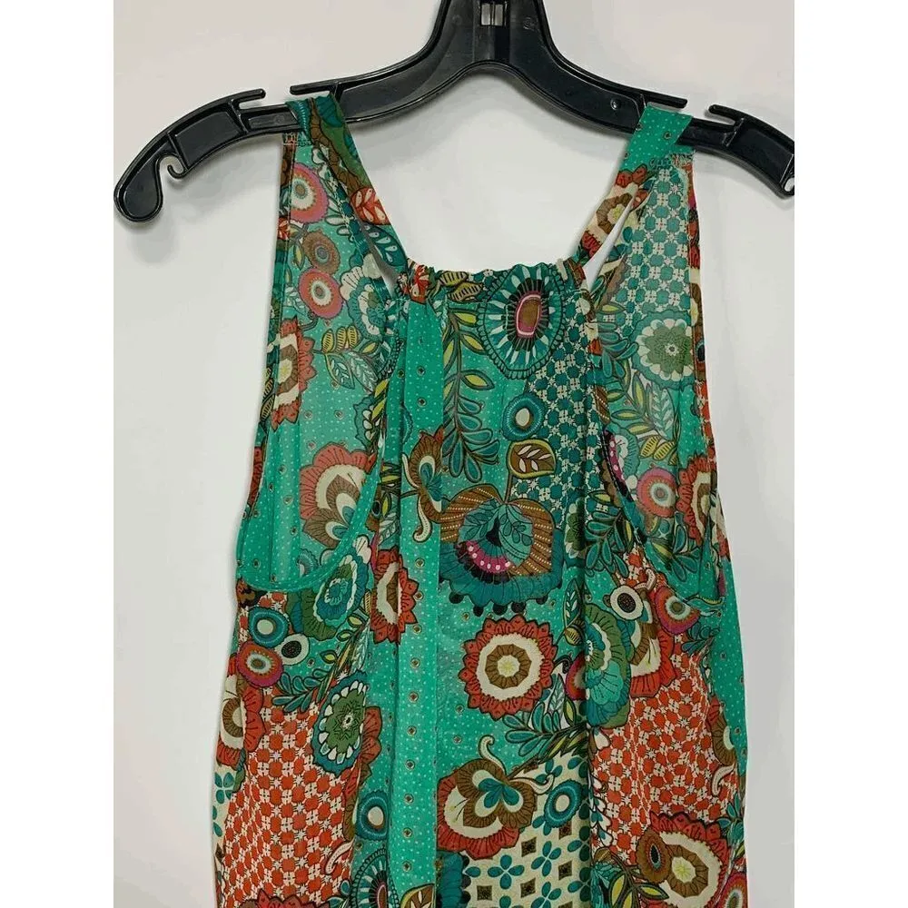 Umgee Women's Sleeveless Sheer Floral V-Neck Crochet Hem Racerback Green Top Size - Image 5