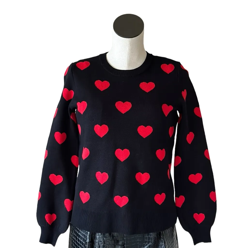 NWOT Marled All Over Heart Print Sweater Jumper Stretch XS Red - Image 2