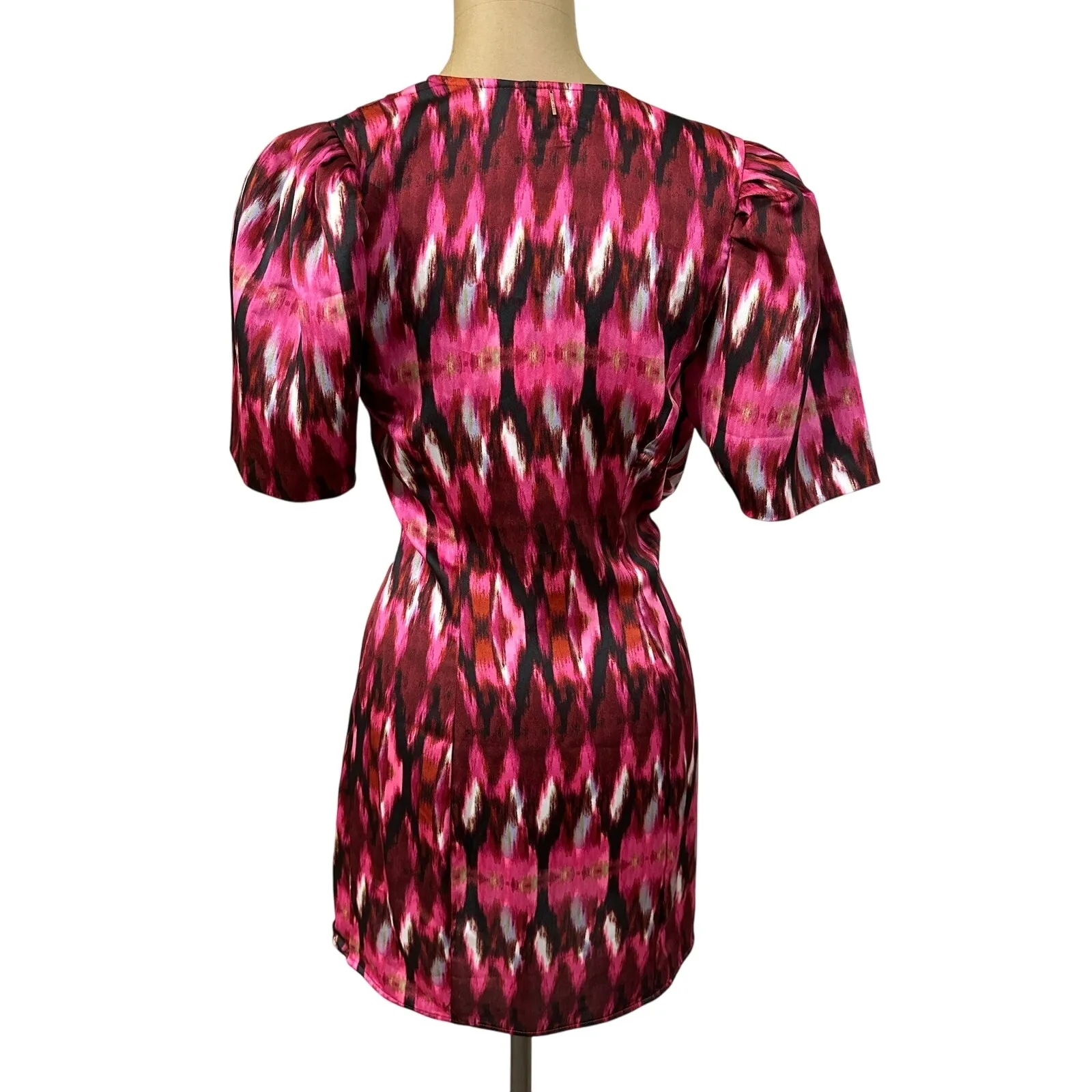 MISA LOS ANGELES Mini Dress Amina Wrap Puff Short Sleeve Fuchsia Satin New - Image 8