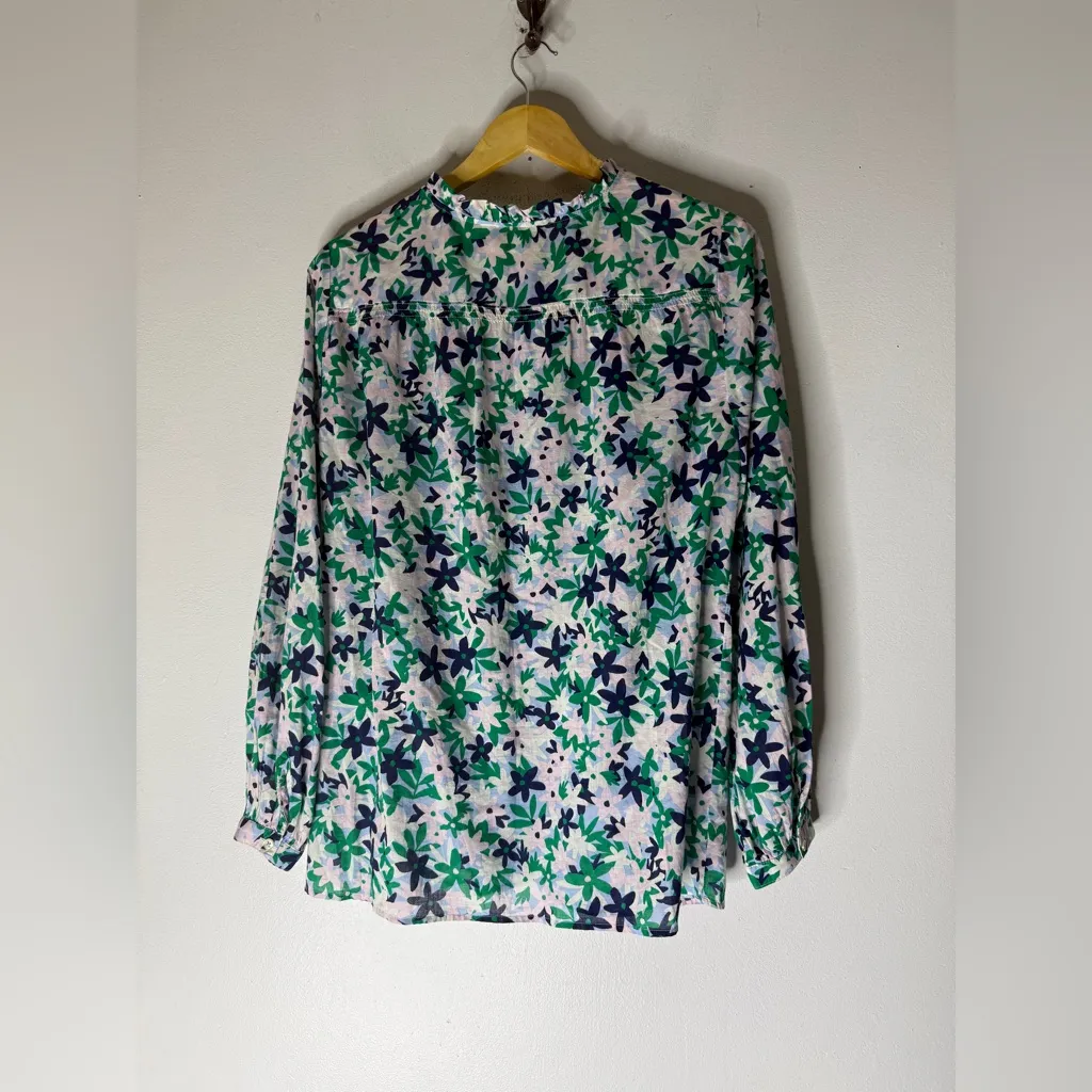 TALBOTS Lightweight‎ Floral Blouse Ruffle Collar 100% Cotton Natural Fiber Large - Image 2