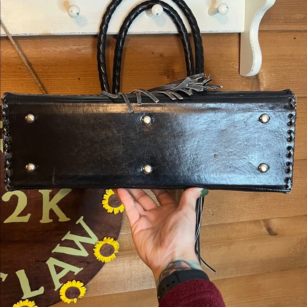 Que Chula Marcos Black Leather Handmade Woven XL Tote Purse Braid Tooled Mexico - Image 12