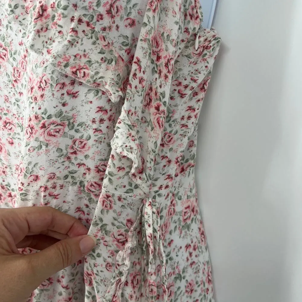 Hot Kiss Faux Wrap Y2K Dress Sz L CottageCore Coquette Dainty Floral Ruffle Hem - Image 4
