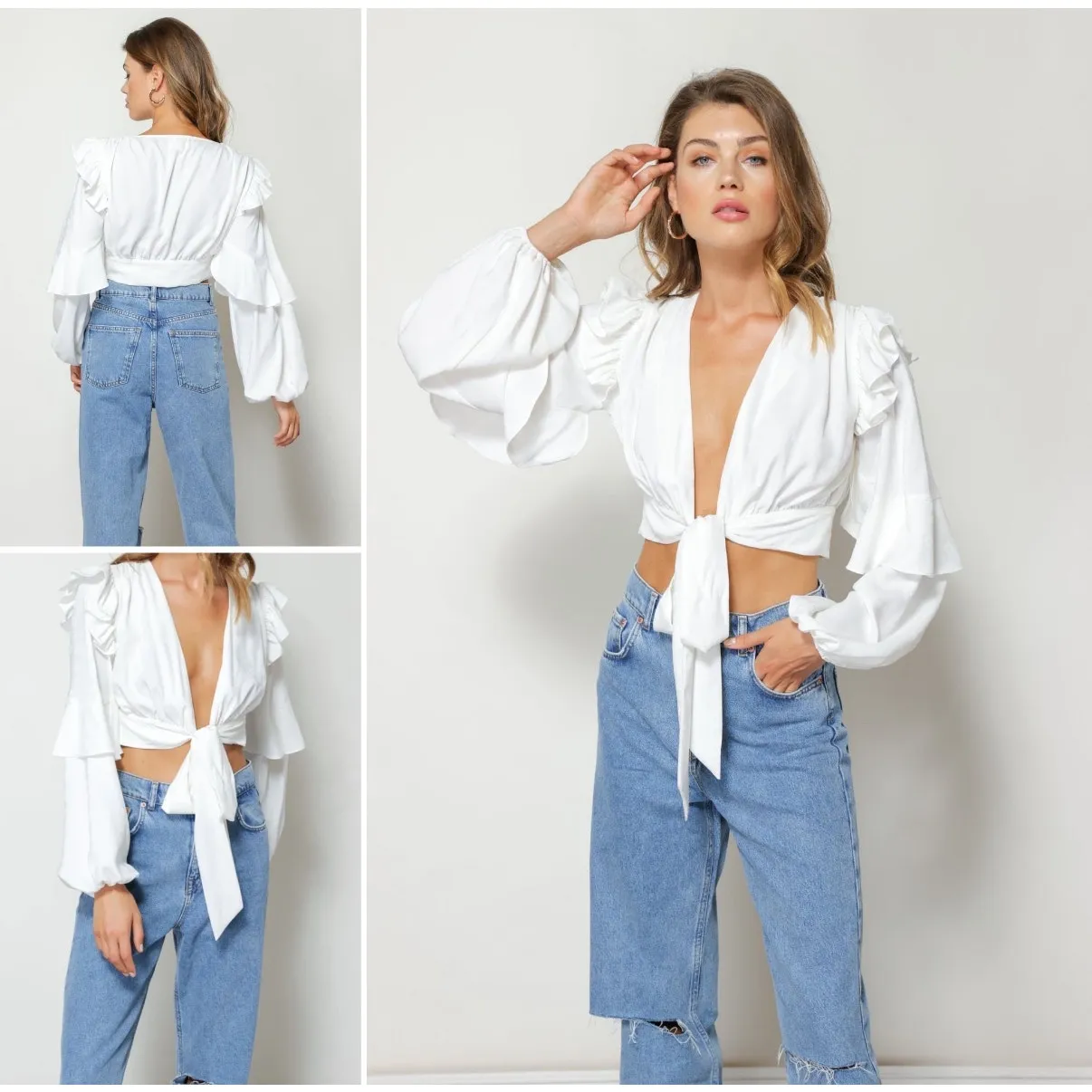 NEW NWT Revolve Line & Dot XS White Sonia Blouse Style LT4153B Cropped Ruffled - Image 2