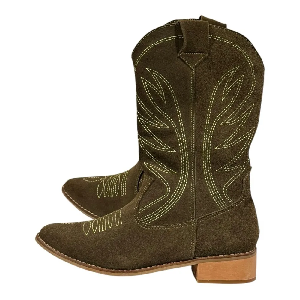 SILVIA COBOS Rodeo Olive Green Suede Cowboy Boots Size 7 - Image 7