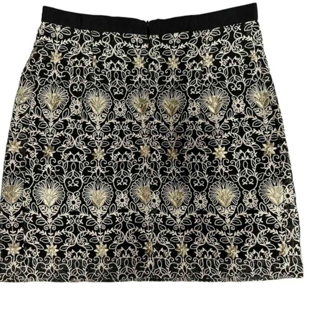 Kooples Black Pencil Skirt Cream & Gold Embroidery Size‎ S Designer Elegant Mini - Image 2