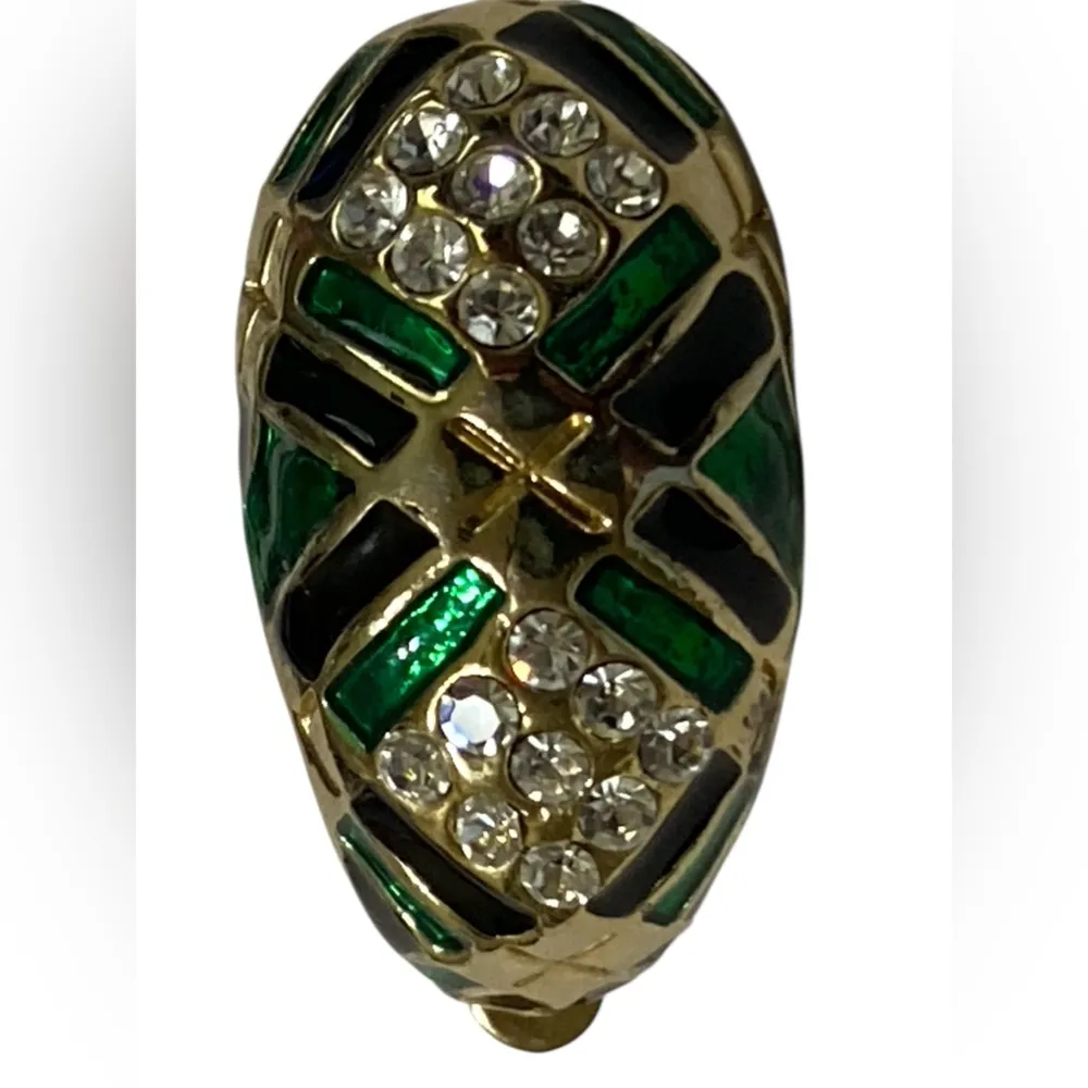 Vintage Emerald Green Enameled Crystal Clear Rhinestones Clip On Earrings - Image 5