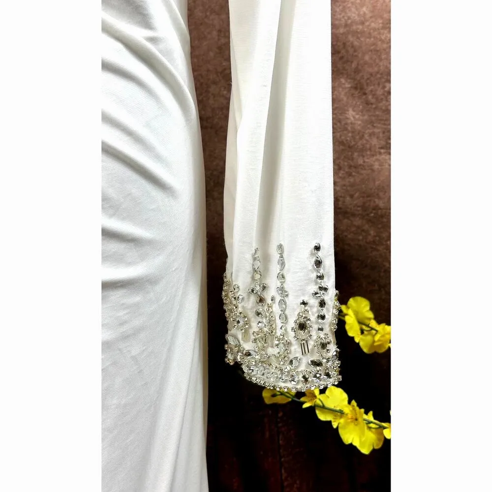 Mac Duggal Beaded Cuff Drop Shoulder Faux Wrap Gown - White - size 14 - Image 8