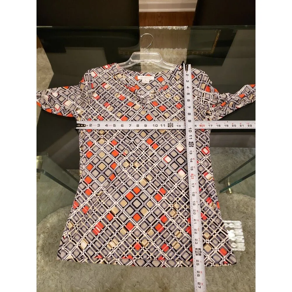 Liz Claiborne Womens Multi Geometric Print Long Sleeve V Neck Top Blouse Small - Image 9