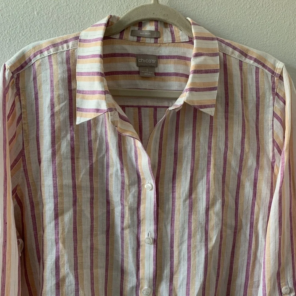 Chico's Size 16/18 Multicolor Stripe Linen Metallic Blend No Iron Button Shirt - Image 2