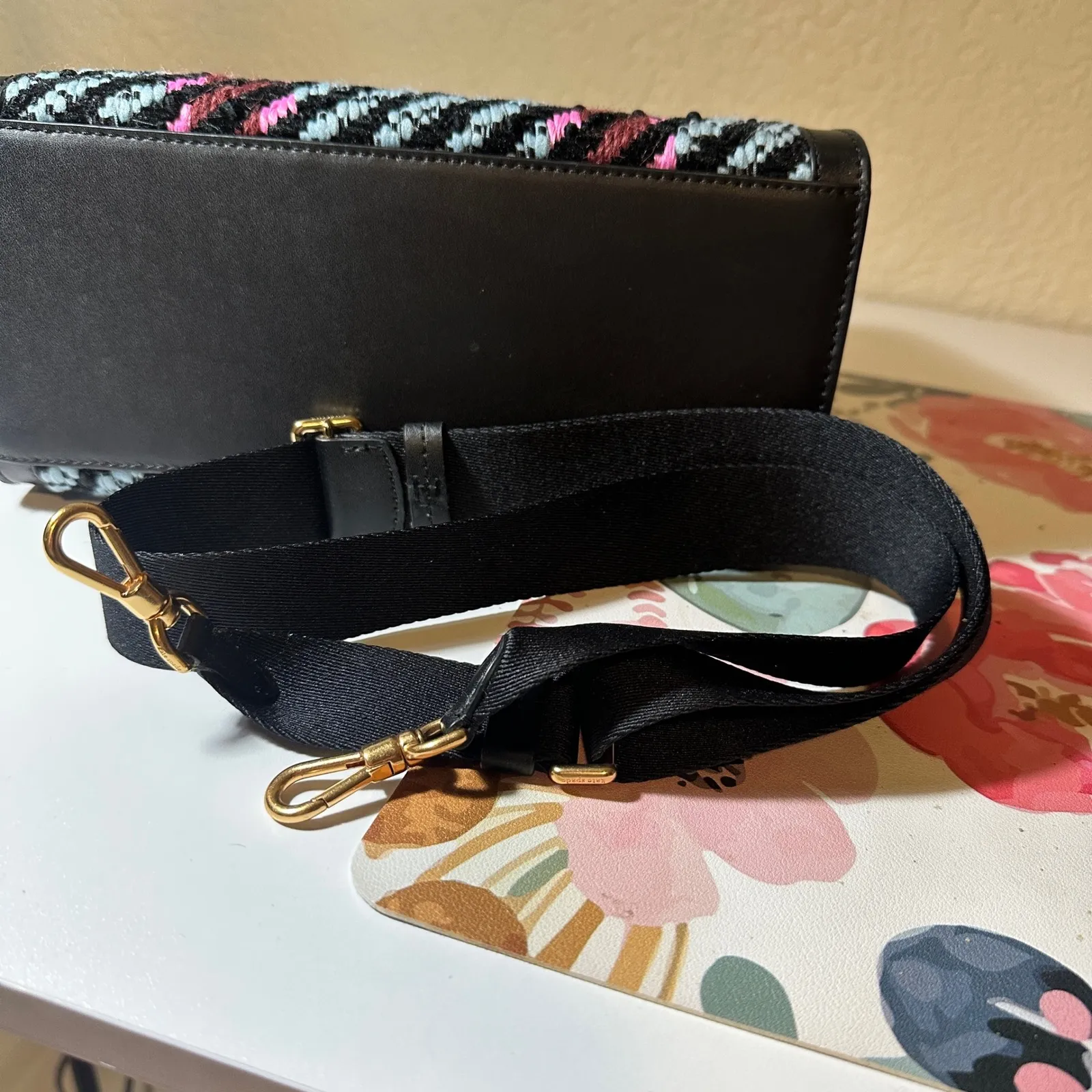 Kate Spade Small Woven Plaid Tweed Manhattan Tote Burgundy Pink Blue - Image 11