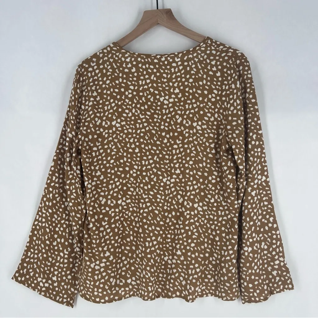 Maurices Brown & White Speckled Dot Print Flare Sleeve Tie Front V-Neck Blouse S - Image 10