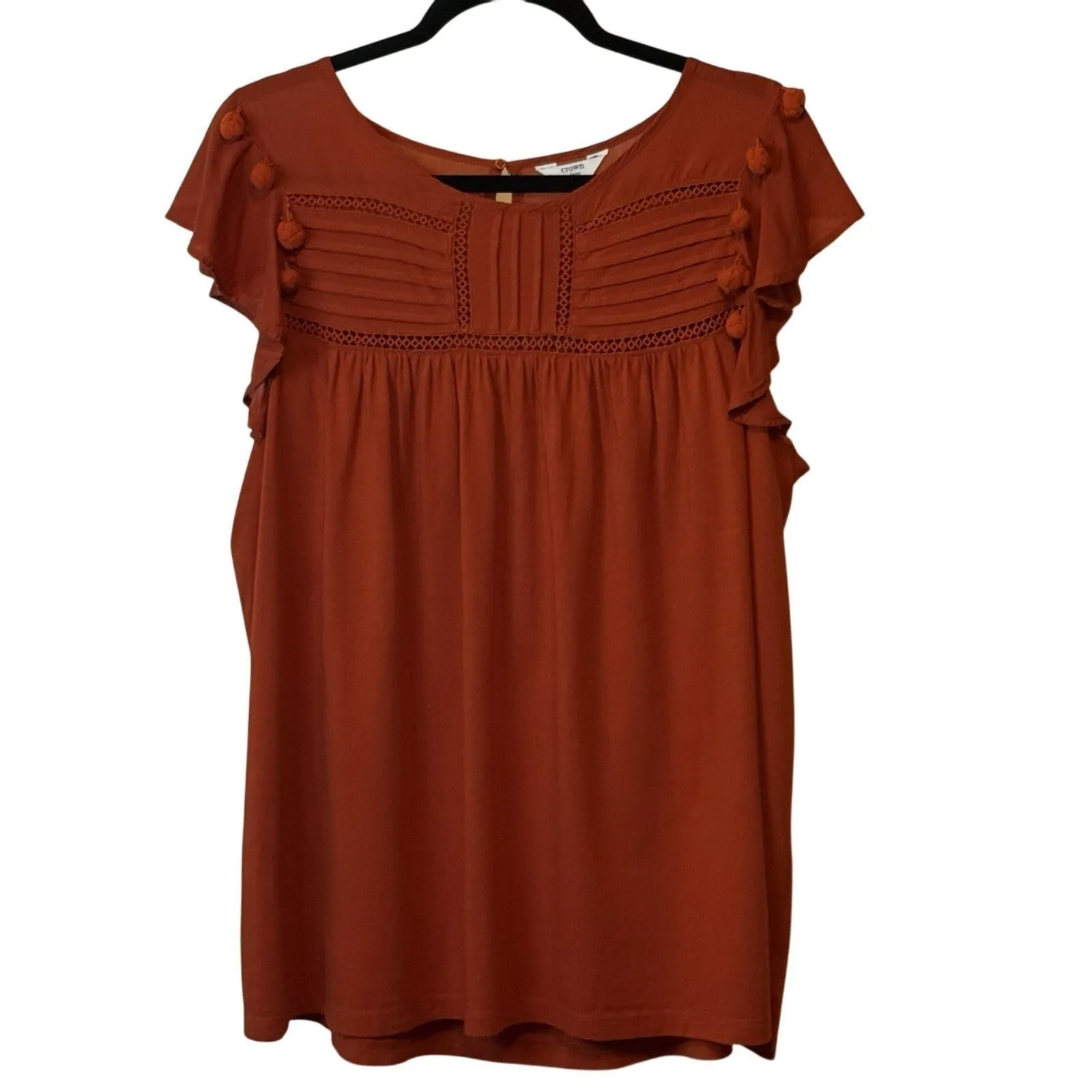 CROWN&IVY Blouse Flutter Sleeve‎ Pom Pleated Eyelet Trim Top Rust Workwear 1X # - Image 2