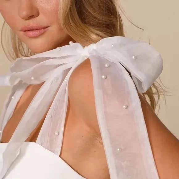 Lulus‎ Beaming Perfection White Pearl Organza Tie-Strap Mini Dress Size S - Image 3