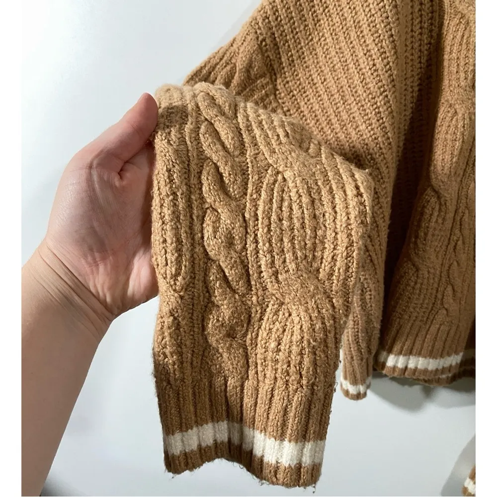 AE Heritage Cozy Sweater in Tan with White Stripes Crop Length Size Large - Image 3