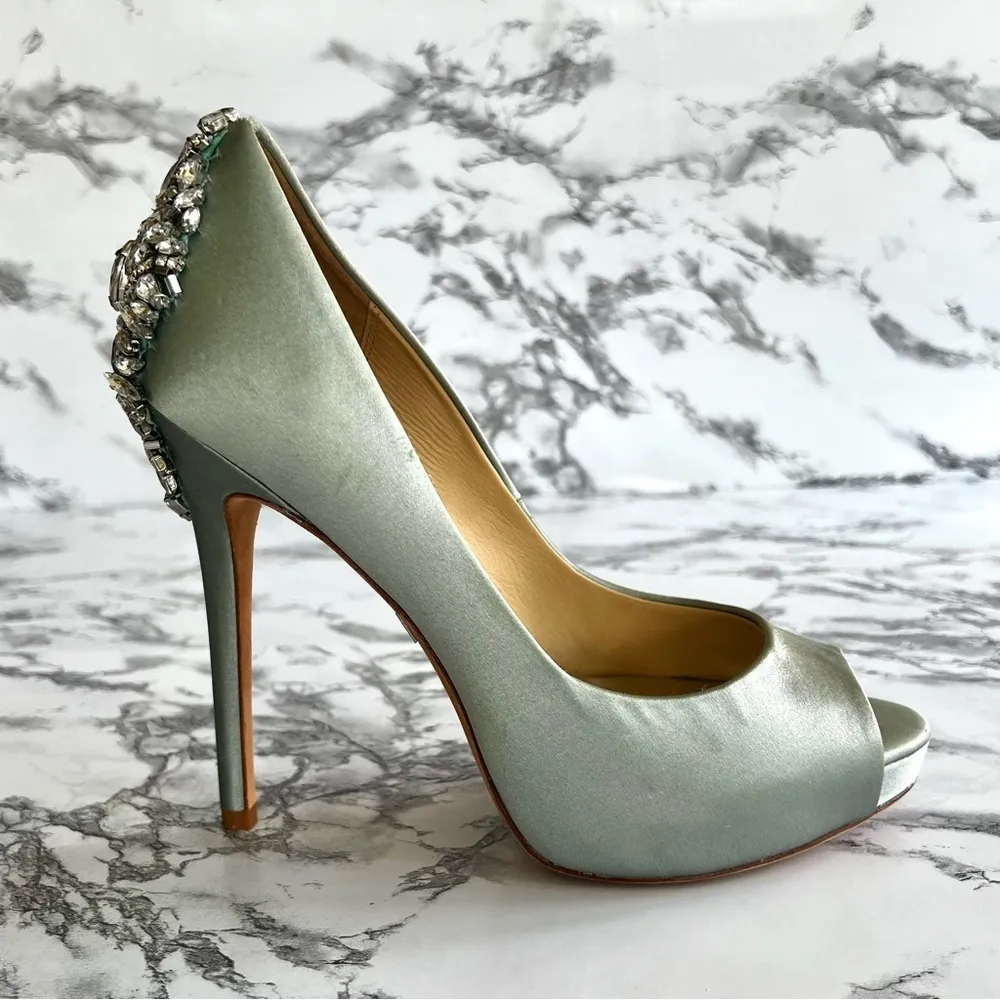 Badgley Mischka Kiara Heels Mint Green Crystal Satin Platform Pumps 7 Stilettos - Image 8