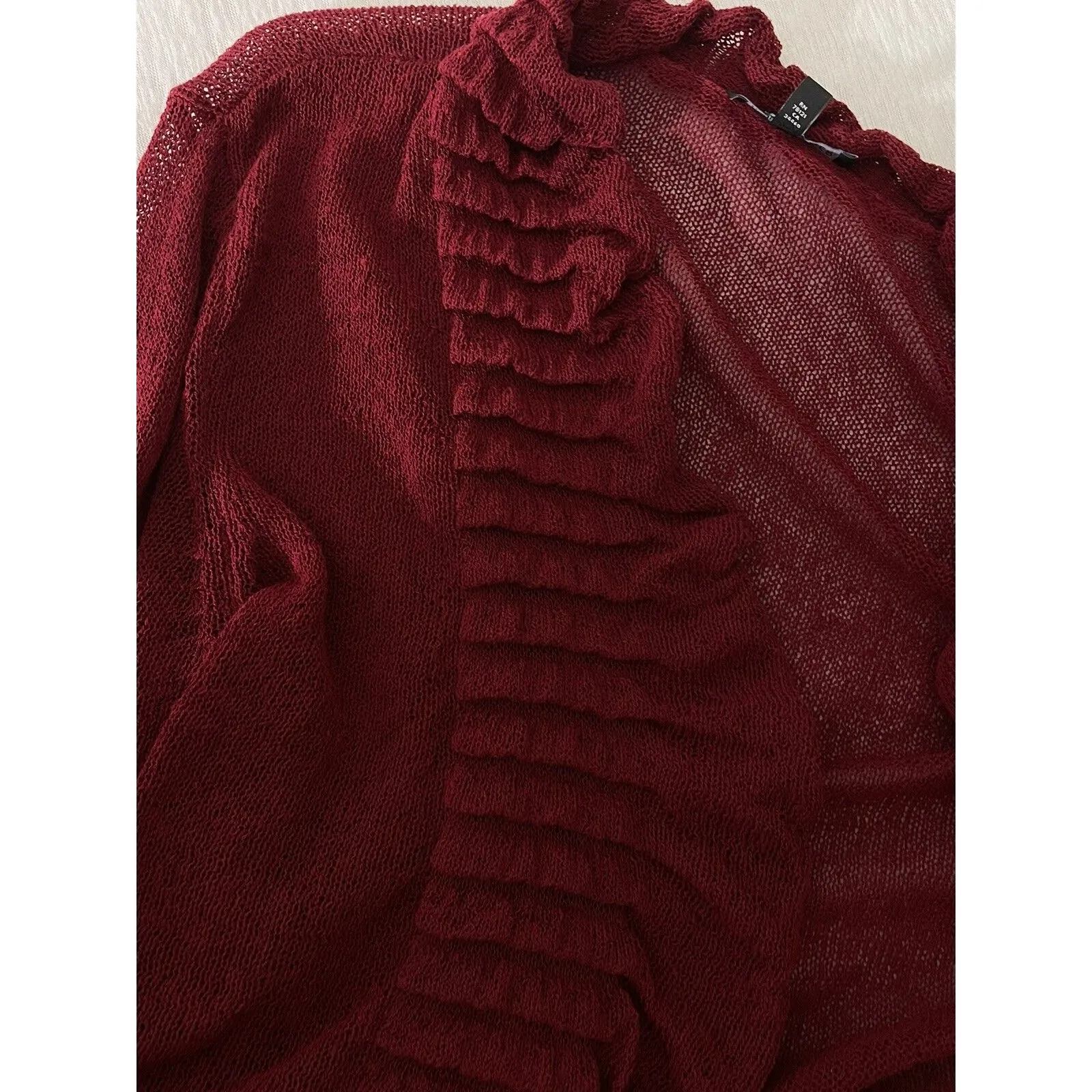 Eileen Fisher Loose Knit Open Ruffle Front Cardigan Wine Red Linen Blend Medium - Image 12