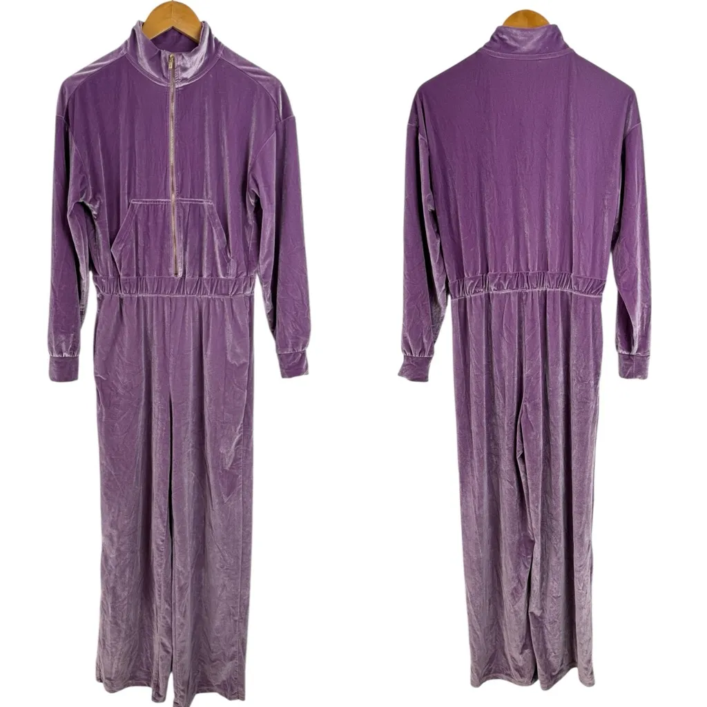 Fabletics Womens Purple Velour Zip Up Wide Leg Jumpsuit Tracksuit Onesie Cozy M - Image 3
