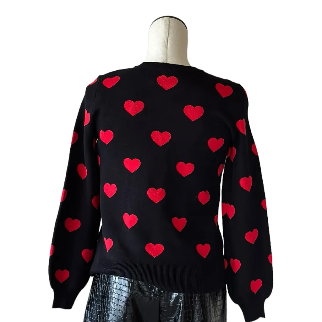 NWOT Marled All Over Heart Print Sweater Jumper Stretch XS Red - Image 4