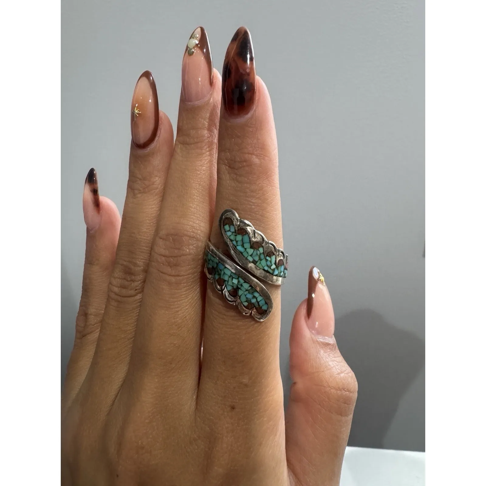 STERLING SILVER NATIVE AMERICAN NAVAJO 925 TURQUOISE & CORAL INLAY WRAP RING LB Blue - Image 12