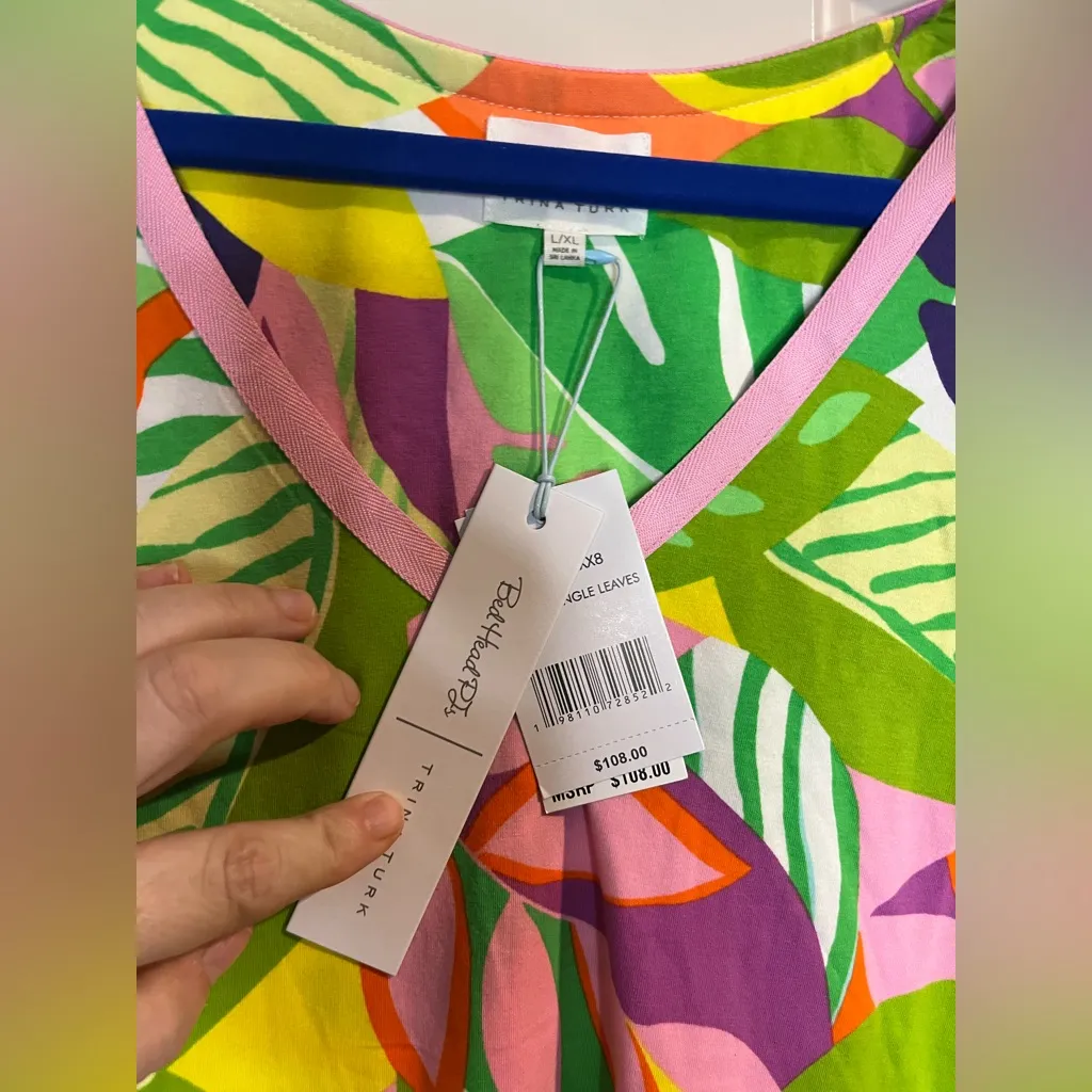 NWT Trina Turk PJ Caftan Dress Jungle Leaf Print Organic Cotton L/XL - Image 6