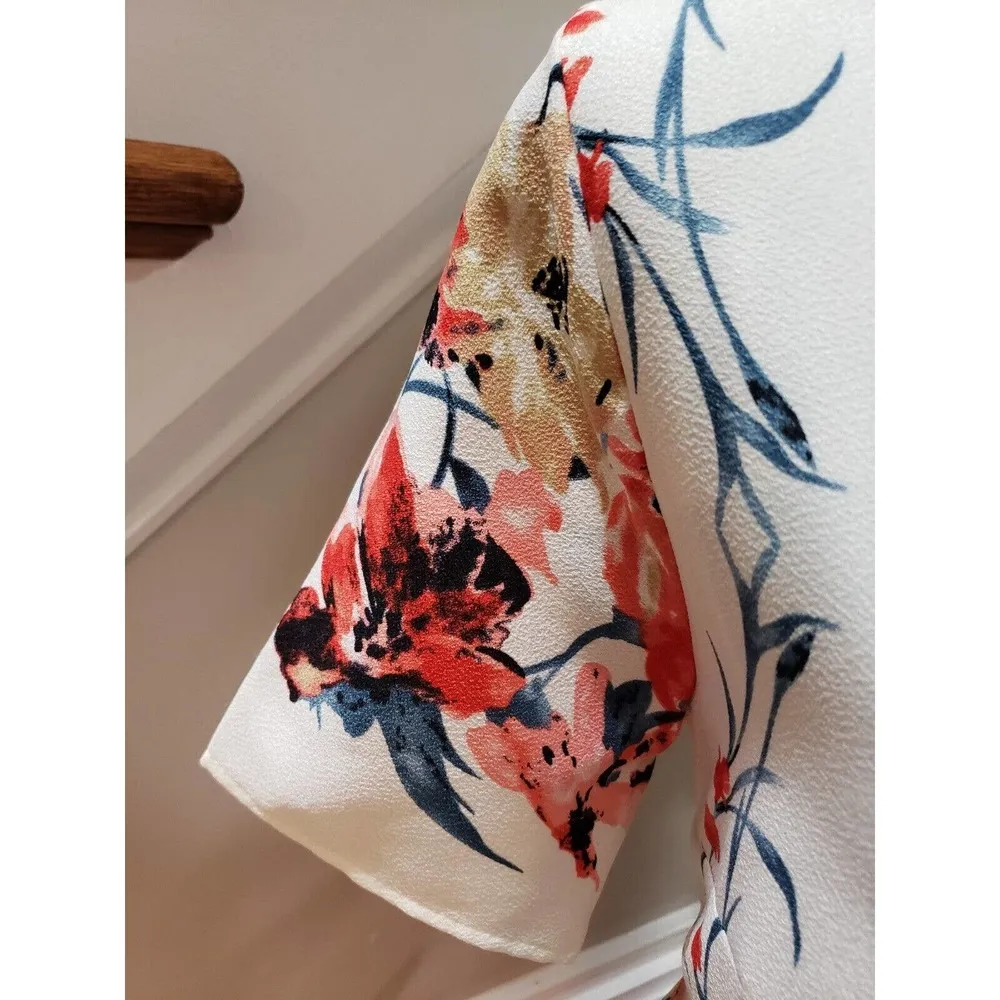 Fabrik Women White Floral 100% Polyester Round Neck Knee Length Dress Size Large - Image 4