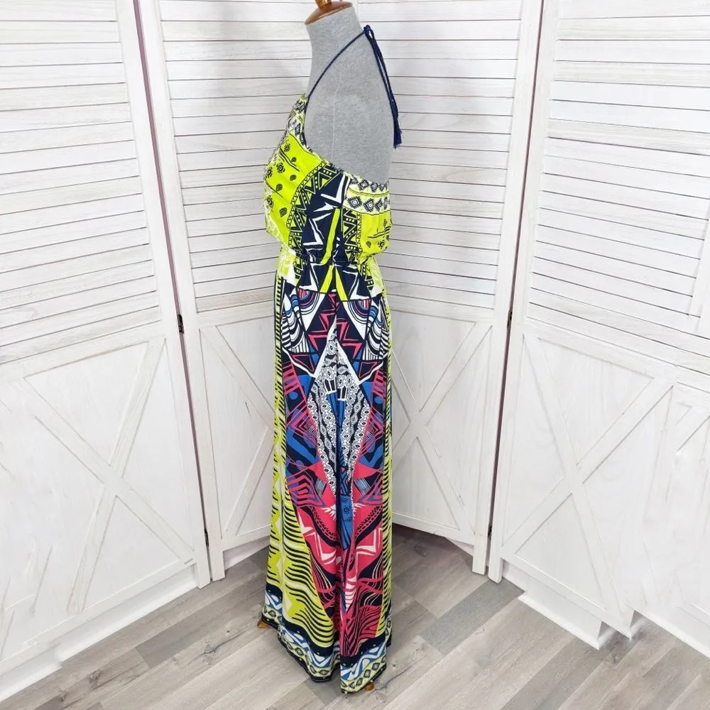 Alya Tribal Print Beaded Maxi Halter Dress Neon Yellow Multicolor Small‎ - Image 2