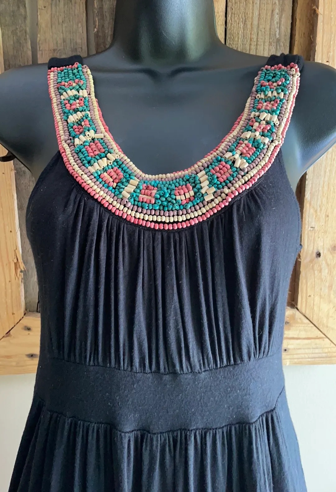 Cream Turquoise Coral Beaded Scoop Neck Black Dress Empire Waist Medium - Image 4