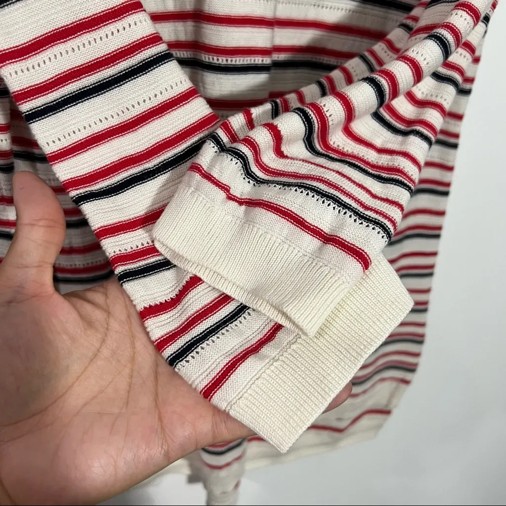 Talbots Pointelle Pull-on Sweater 3/4 Sleeve Ivory w Red Blue Stripes Medium‎ - Image 3