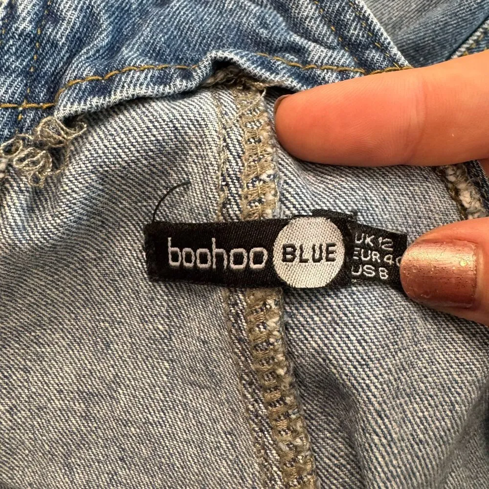 Boohoo Medium Wash Denim Overalls Ruffle Hem K26 - Image 3