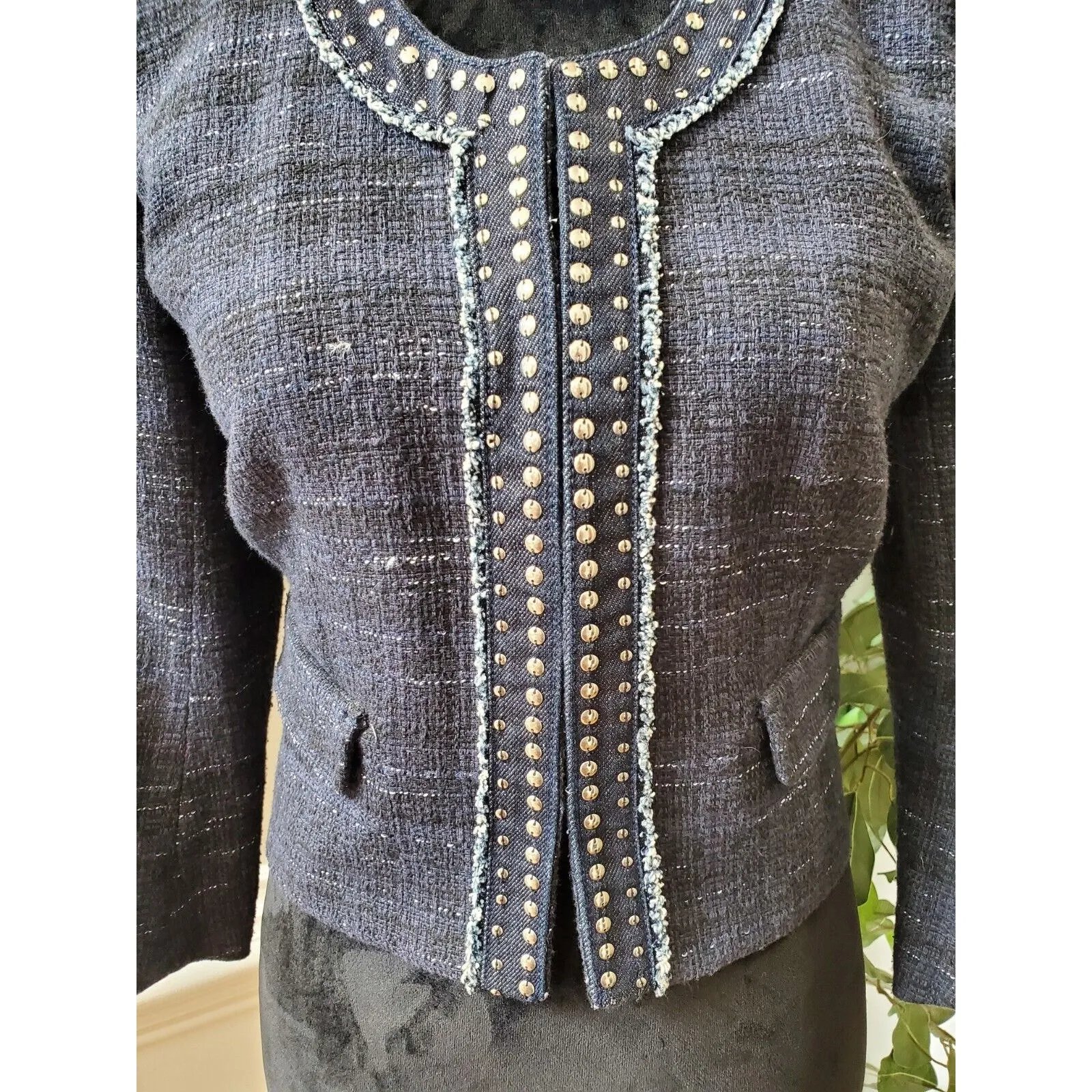 Ann Taylor Loft Women's Blue Cotton Long Sleeve Casual Crome Studded Blazer 4 - Image 3