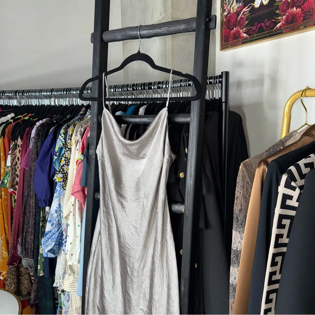 Just Female Rich Dress Paloma Silver Satin Slip Midi Size L - Image 7