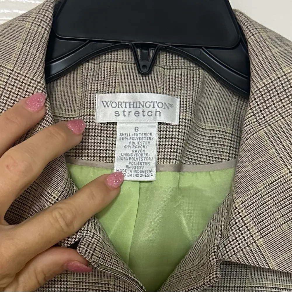 Worthingon Spring longer length blazer windowpane houndstooth brown lime green 6 - Image 3