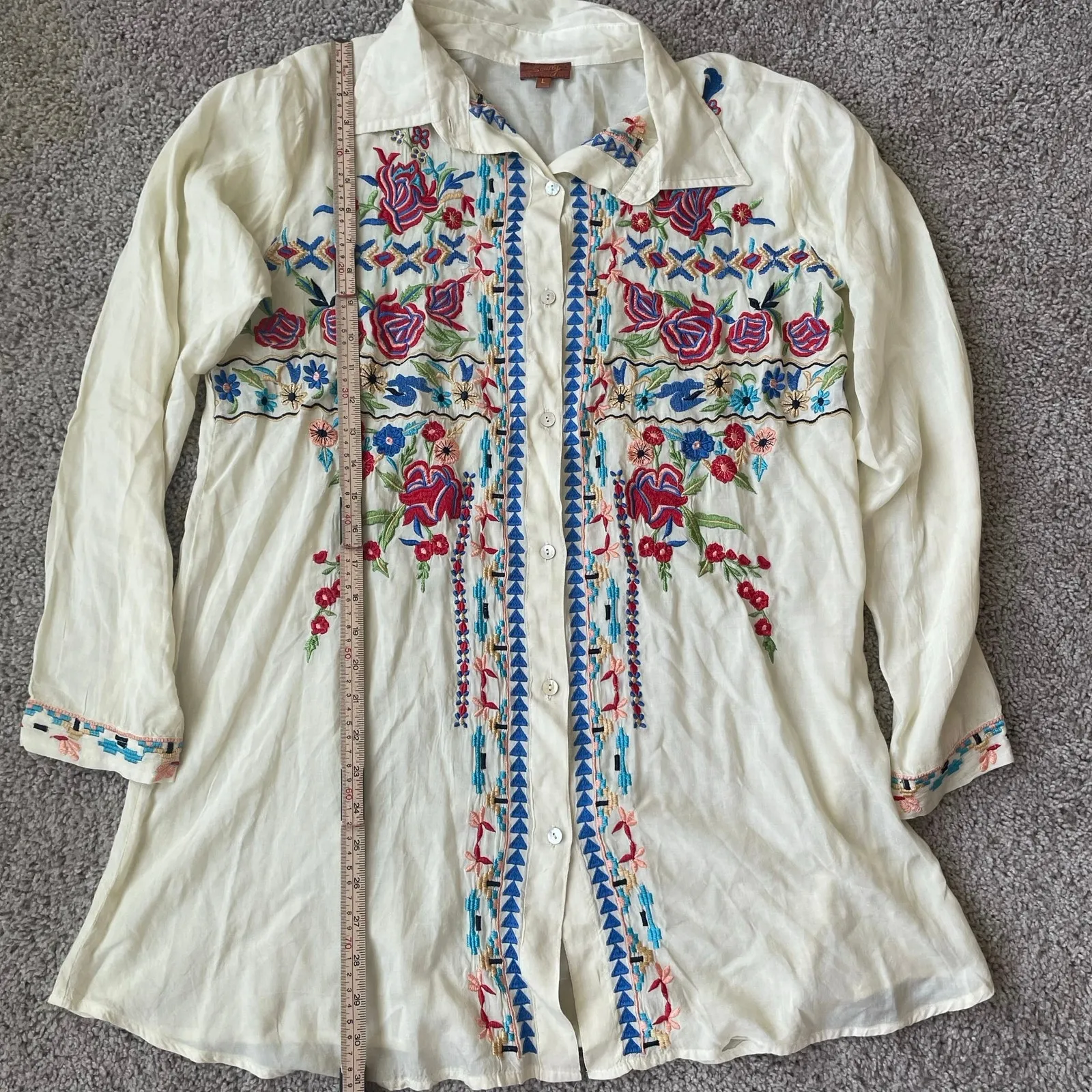 Scully Embroidered Long Sleeve Button Down Top Womens L Cream Size L - Image 5