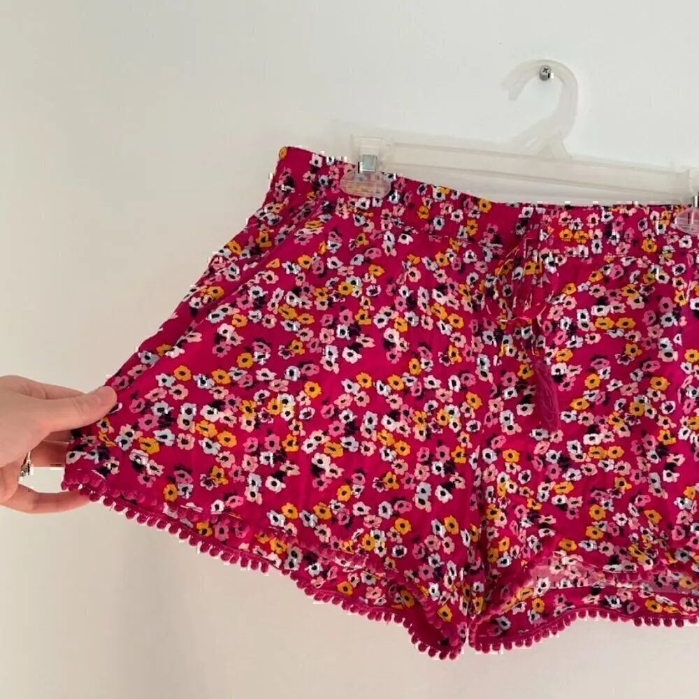 A.N.A Magenta Pink Blue Mustard Floral Pull On Drawstring Pom Pom Trim Shorts L - Image 6