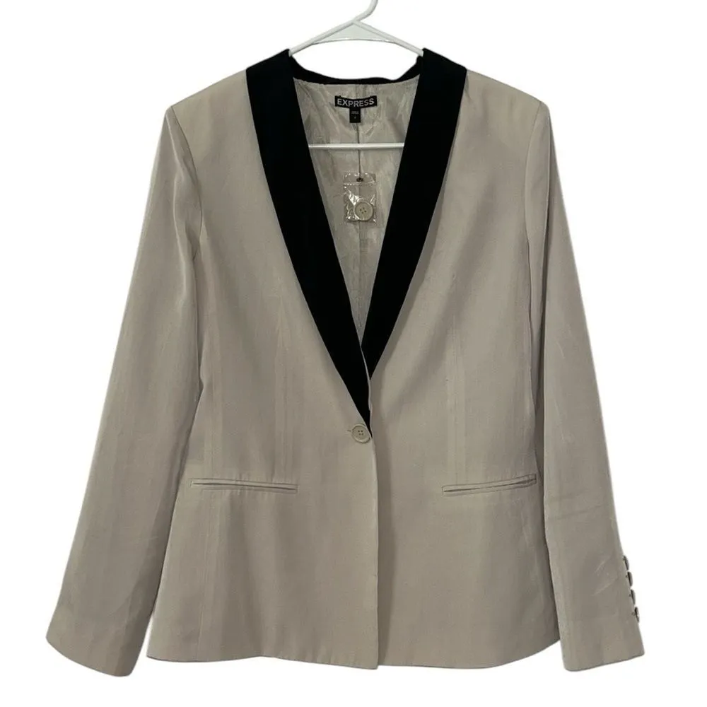 Express Cream and Black Blazer with Tuxedo Lapel and Deep V-Neckline - Image 2