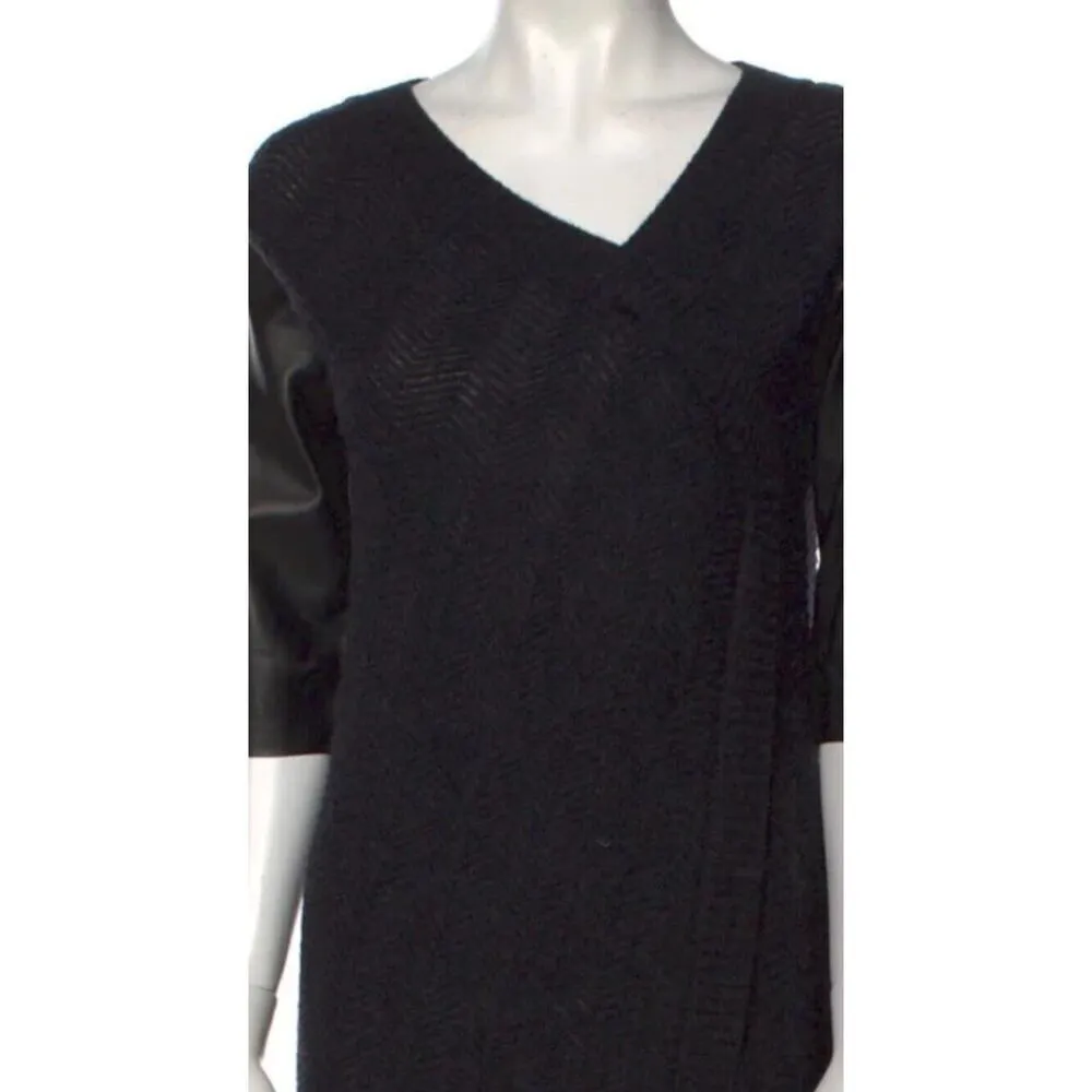 Costume National Wool Alpaca V Neck fall boho Knit Dress formal Leather Sleeves Gray Size M - Image 4