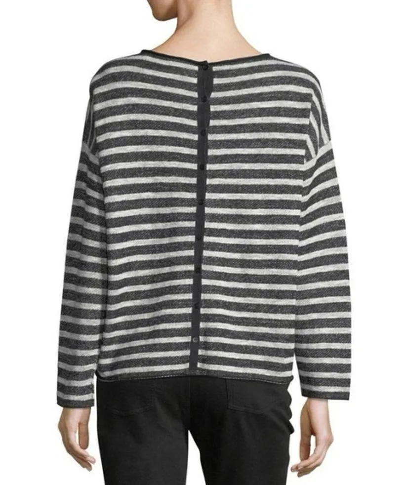 Eileen Fisher Terry Linen Blend Striped Button Back Oversized Pullover - Image 2