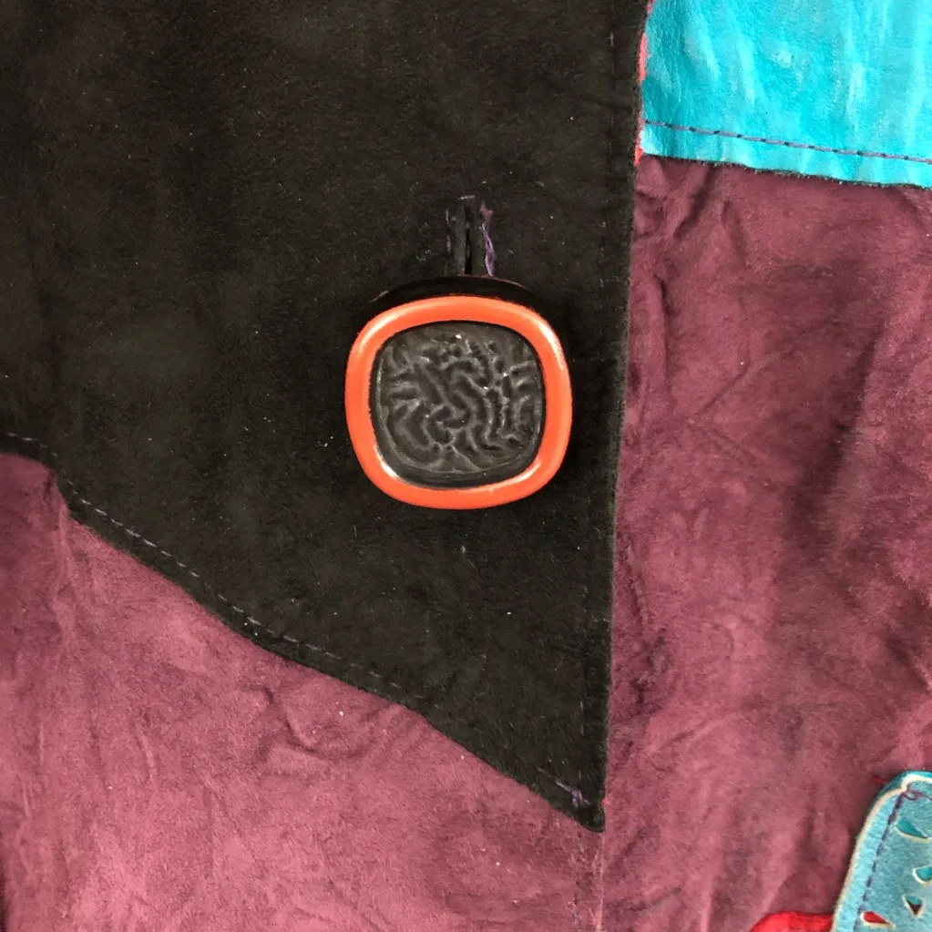 Vintage Grownbeans Red & Blue Leather & Suede Jacket with Asymmetrical Patchwork Size L - Image 5