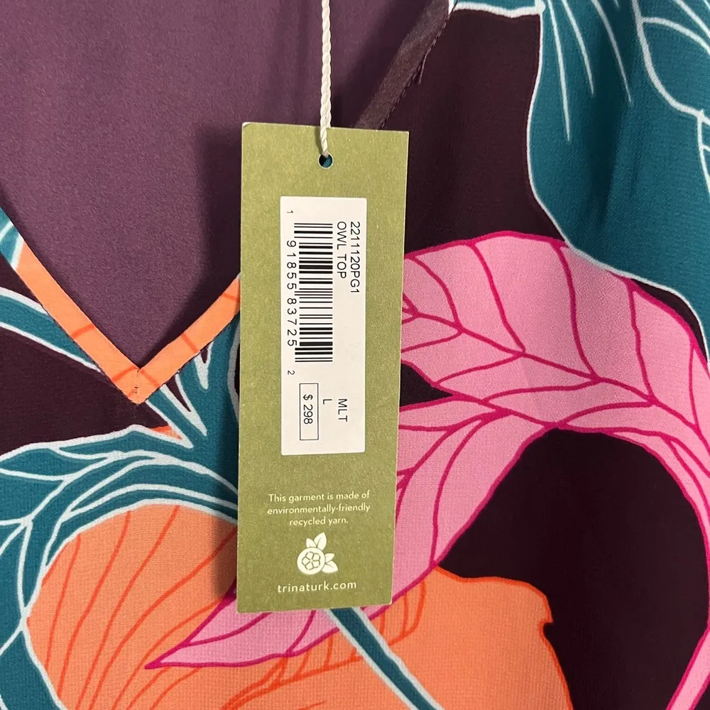 Trina Turk Owl Top multi color ruffle sheer sleeves size large new - Image 6