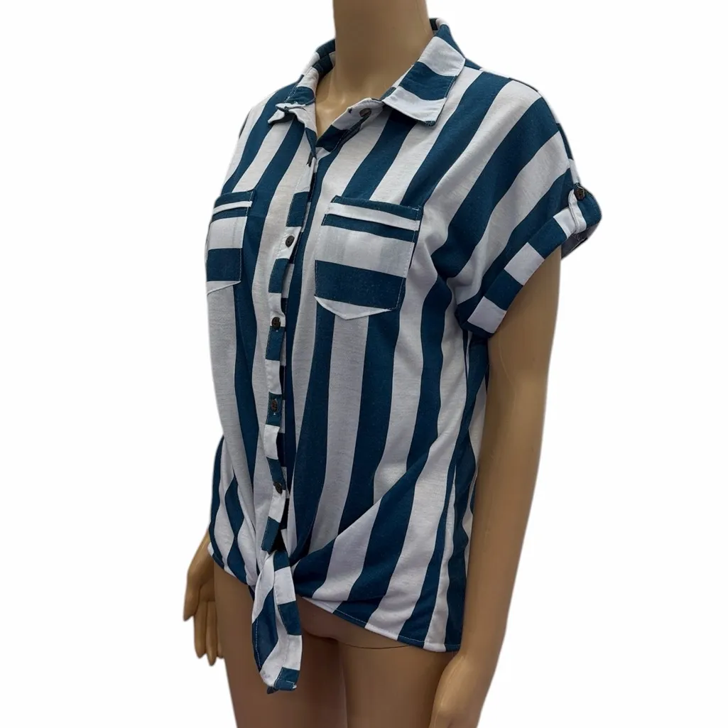 Eden & Olivia Short Sleeve Blue White Striped Button Up Tie front Pocket Shirt M - Image 6