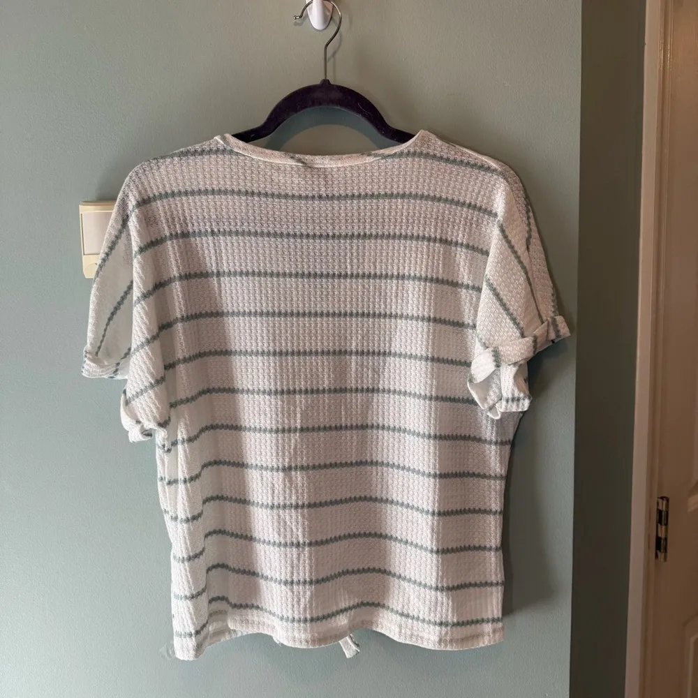 Paper Crane Teal Blue Green and White Striped Women’s Button Up Blouse - Image 2