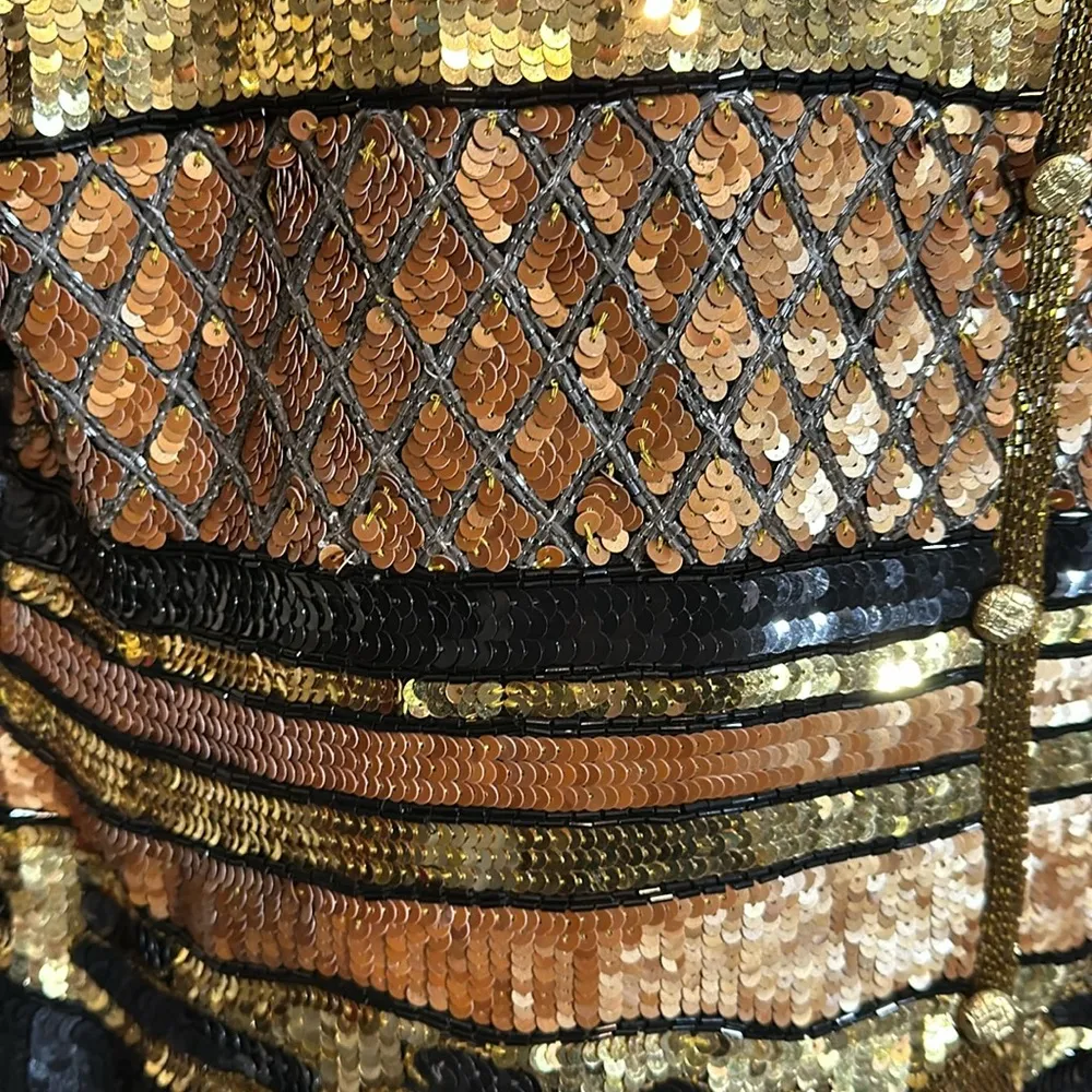 Modi Vintage 1980s or 1990s Gold Black Sequined and Beaded Silk Vest Medium - Image 10