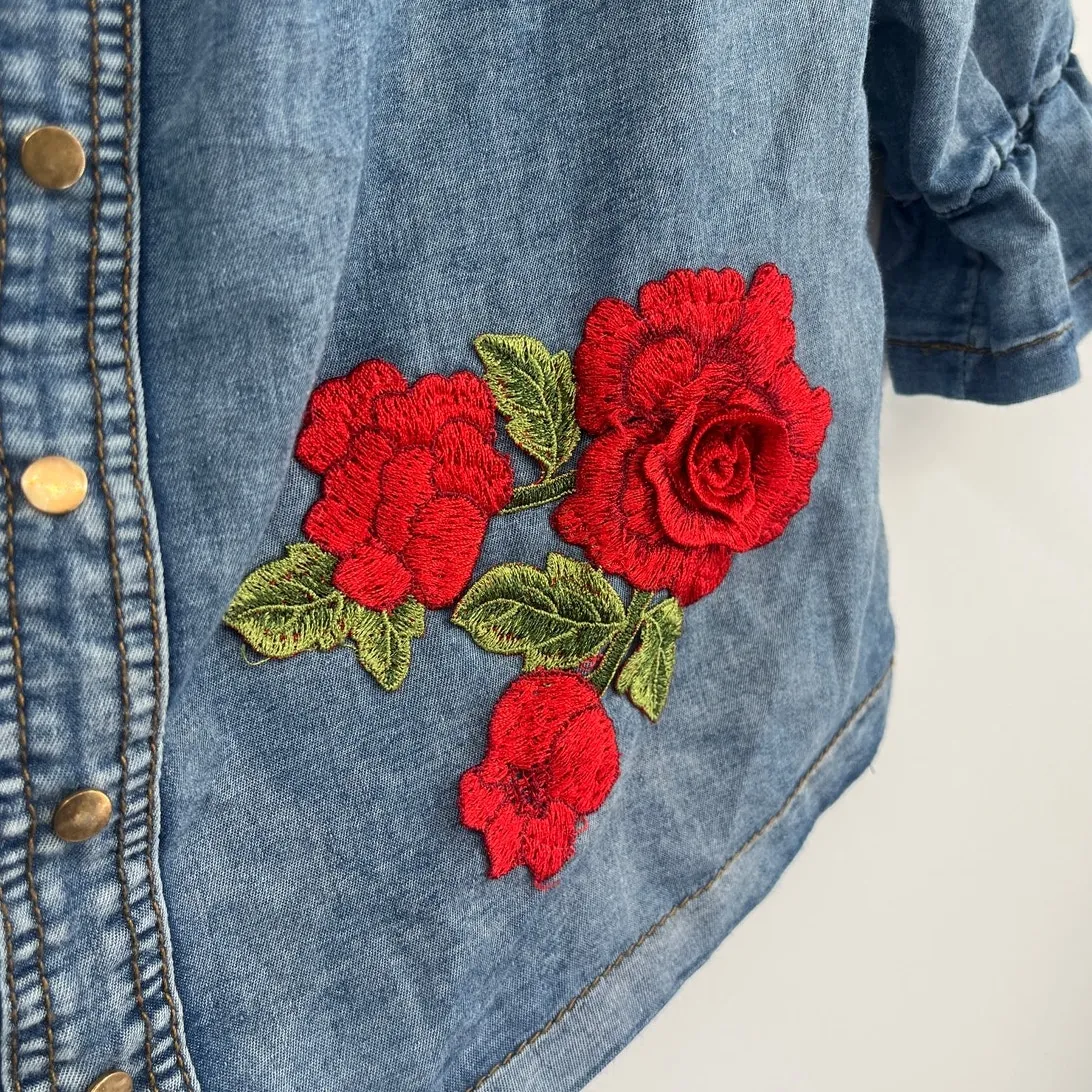 Y2K Daniel Denim Peasant Crop Shirt Sz S Cottagecore Boho Rose Coquette Country Blue - Image 3