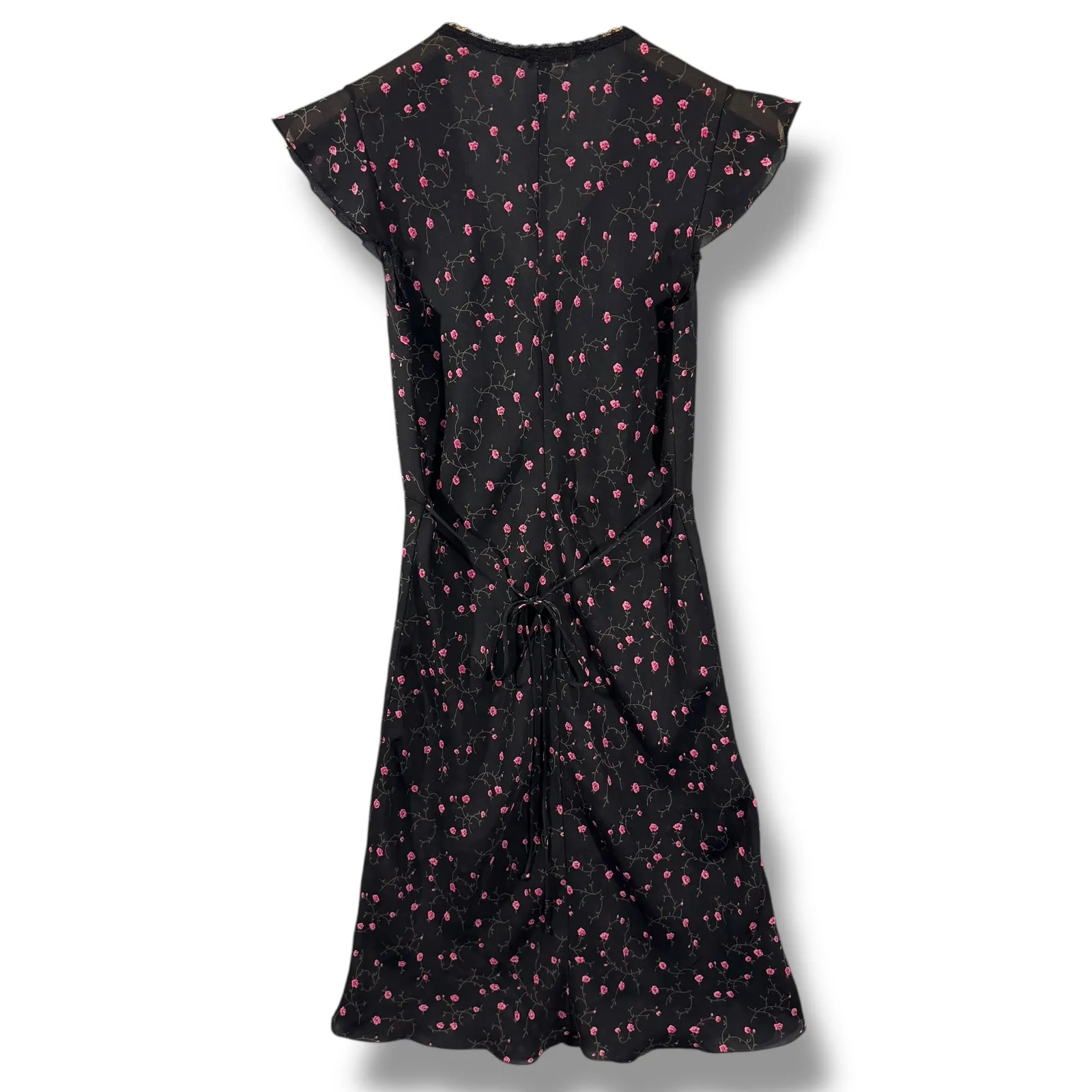 Vintage Windsor Black Floral Print Lace Trim Flutter Sleeve Midi Dress Size S - Image 2