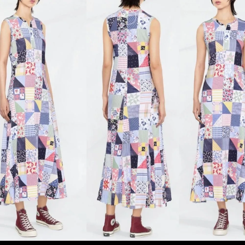 Polo Ralph Lauren Quilt-Print Patches Waffle-Knit Sleeveless Maxi Dress Size SP - Image 3