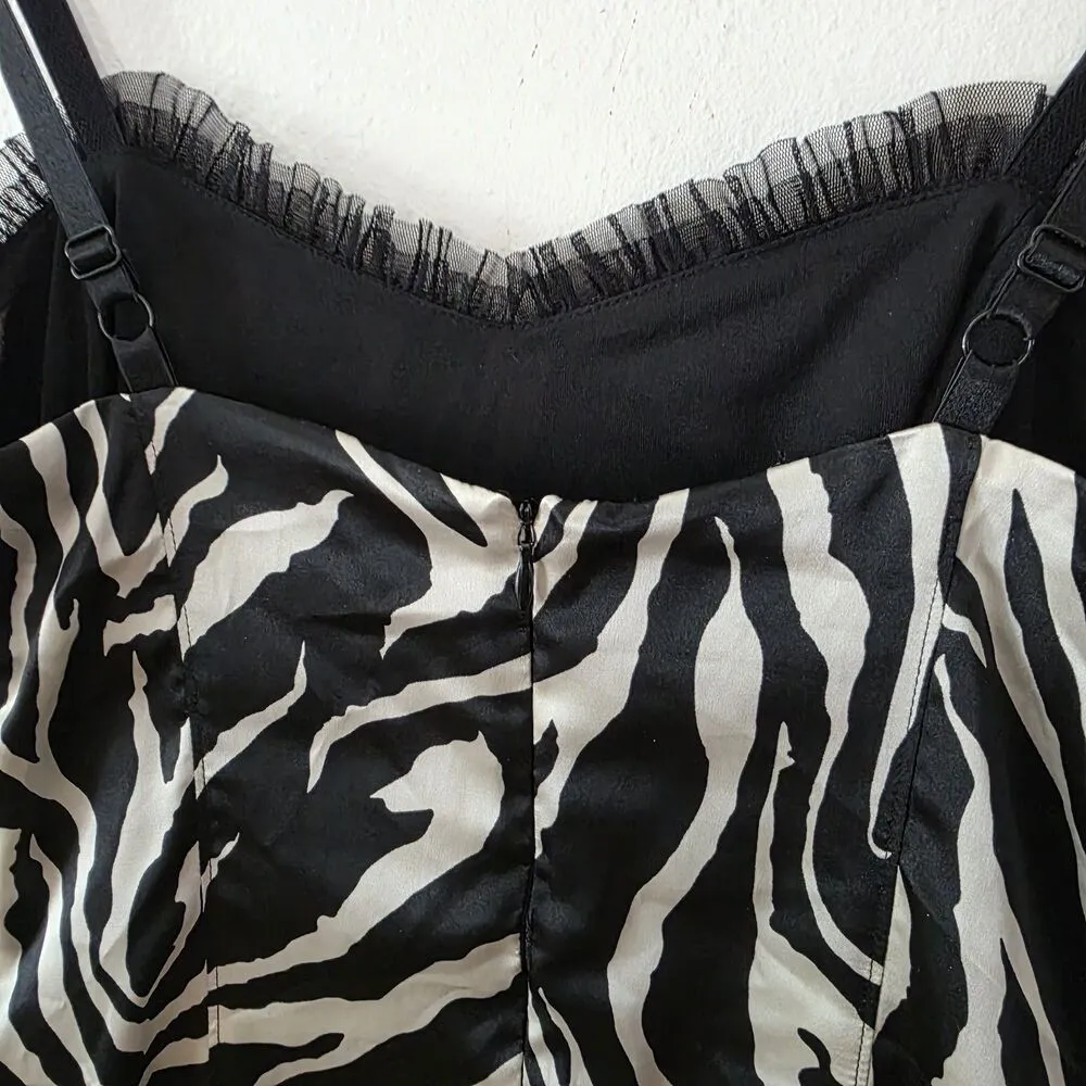 Nine West Zebra Print Mesh Mini Dress 4 Y2K 90s Grunge Tulle Trim Animal Print - Image 5