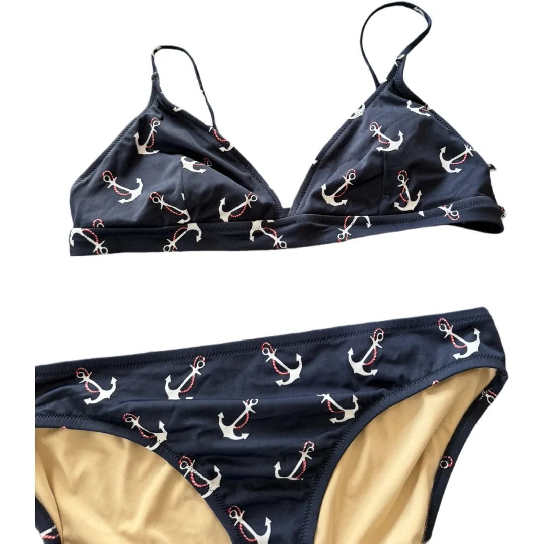 J. Crew Nautical Anchor 2 Piece Bikini Blue Red Coastal Cruise Size Large - Image 2