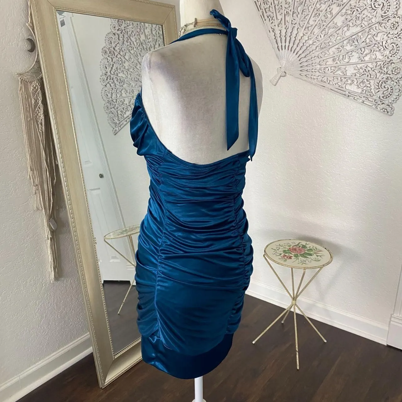 Cobalt Blue Shiny Satin Rhinestone Early 2000's Vampy Bratty Party Mini Dress S - Image 5